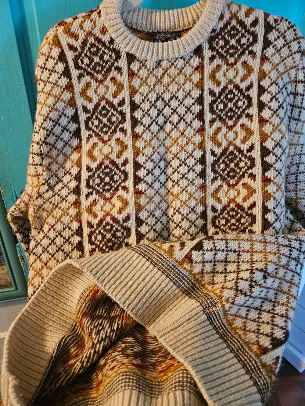 Men's Pendleton Patterned Cabincore Crewneck Sweater Large in Cream and Brown - Picture 5 of 8